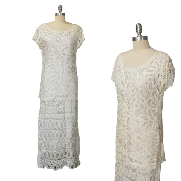Vintage 90s White Lace Skirt Top Set Size 8 Wedding 2 Piece Edwardian Style VTG - Picture 1 of 13